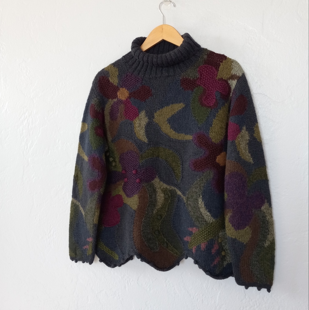 Peruvian Connection Aplaca Sweater Floral Patchwork Embroidery Pom Pom Artsy - Picture 2 of 16